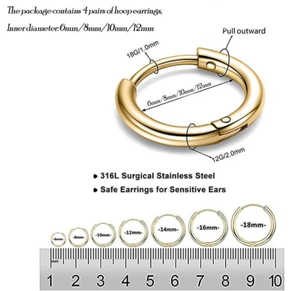 4Pack 316L Surgical Stainless Steel Hoop Earrings Hypoallergenic Hoop Cartilage - Picture 2 of 4